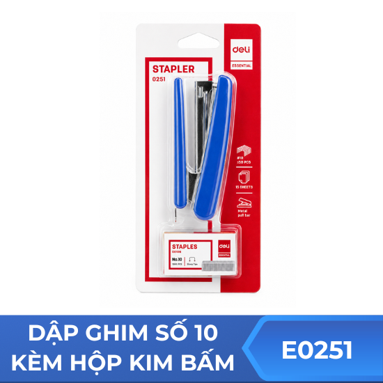 Dập ghim số 10 Deli E0251 kèm hộp kim bấm