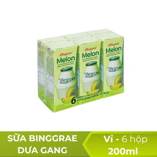 Sữa Binggrae dưa lưới hộp 200ml - vỉ 6 hộp