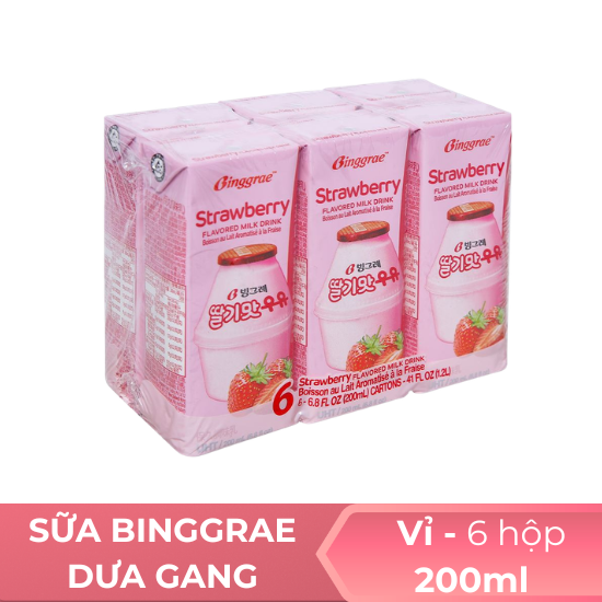 Sữa Binggrae dâu hộp 200ml - vỉ 6 hộp