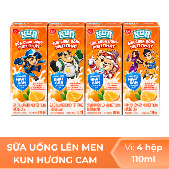 Sữa chua uống lên men KUN hương cam 110ml -  Vỉ 4 hộp