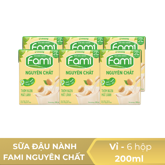 Sữa đậu nành Fami nguyên chất hộp 200ml - vỉ 6 hộp