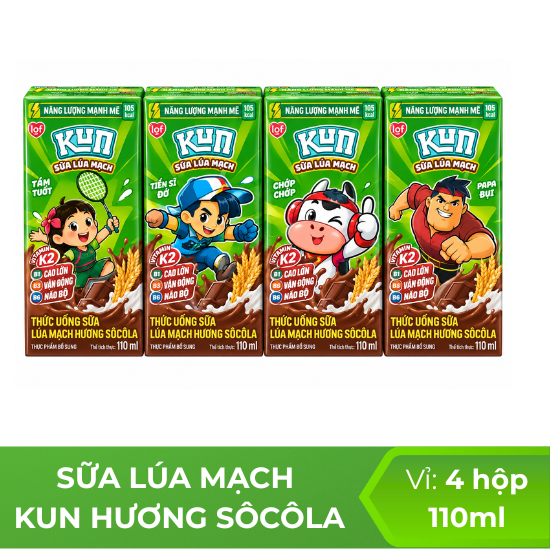 Sữa lúa mạch KUN hương sôcôla 110ml -  Vỉ 4 hộp