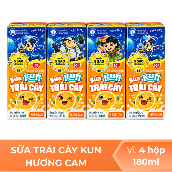 Sữa trái cây KUN hương cam 180ml -  Vỉ 4 hộp