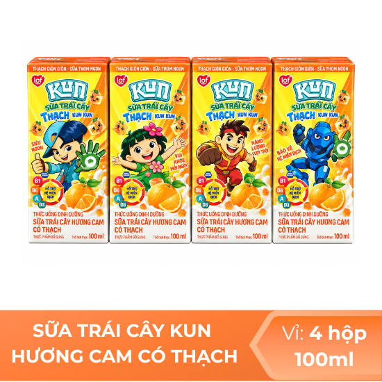 Sữa trái cây KUN hương cam có thạch 100ml -  Vỉ 4 hộp