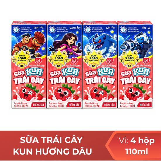 Sữa trái cây KUN hương dâu 110ml -  Vỉ 4 hộp