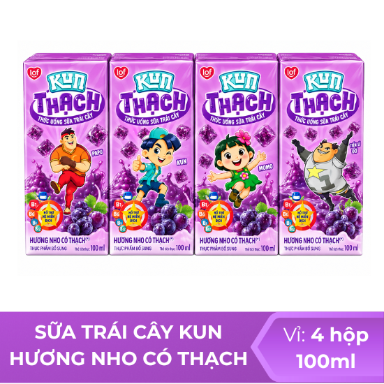 Sữa trái cây KUN hương nho có thạch 100ml -  Vỉ 4 hộp