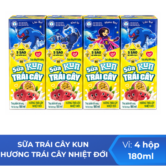 Sữa trái cây KUN hương trái cây nhiệt đới 180ml -  Vỉ 4 hộp