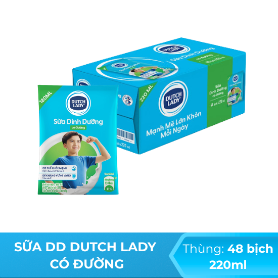 Sữa tươi dinh dưỡng Dutch Lady có đường 220ml - Thùng 48 bịch