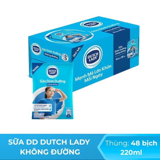 Sữa tươi dinh dưỡng Dutch Lady không đường 220ml - Thùng 48 bịch